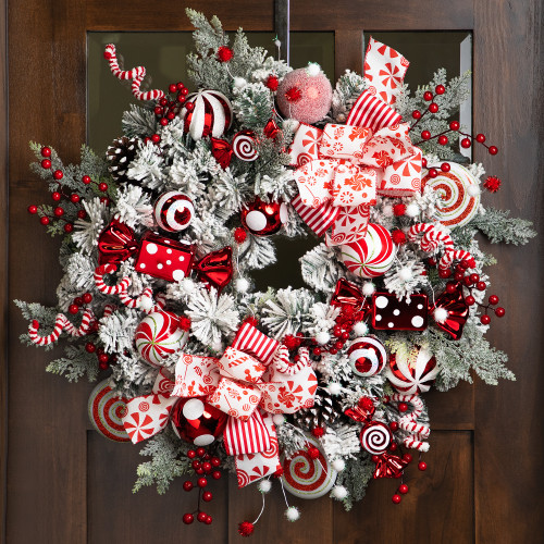 Heavily Flocked Pine with Candy Cane Striped Ornaments Christmas Wreath - 28" - Unlit