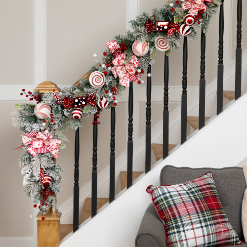 Heavily Flocked Pine with Candy Cane Striped Bows Artificial Christmas Garland - 6' x 8" - Unlit